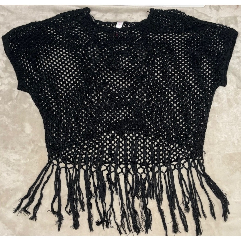 No Boundaries Top Juniors XL Black Crochet Fringed Crop Boho Hippie Festival